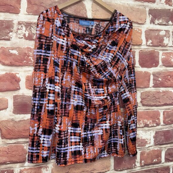 Simply Vera Wang Top Women's Medium Orange Multicolor Plaid Abstract Shirt - Picture 2 of 8